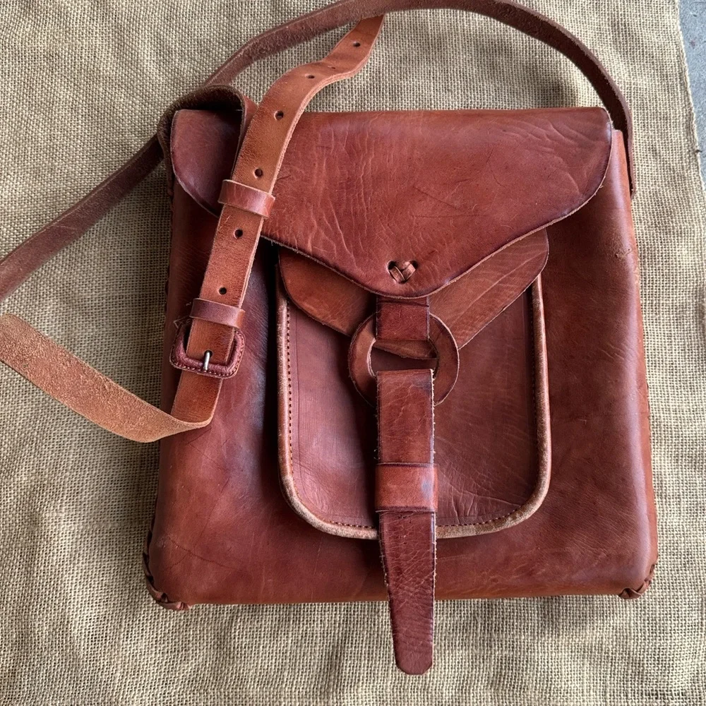 Vintage Brown Leather Handmade Joy Bag Woven Unisex Crossbody messenger Boho